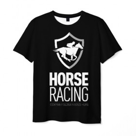 Мужская футболка 3D с принтом Horse racing в Тюмени, 100% полиэфир | прямой крой, круглый вырез горловины, длина до линии бедер | animal | black | emblem | rider | riding | slogan | sport | text | white | белый | езда | животное | конь | лошадь | наездник | слоган | спорт | текст | черный | эмблема