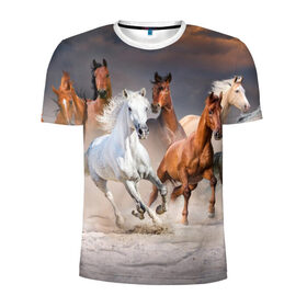 Мужская футболка 3D спортивная с принтом Табун в Тюмени, 100% полиэстер с улучшенными характеристиками | приталенный силуэт, круглая горловина, широкие плечи, сужается к линии бедра | Тематика изображения на принте: animal | beautiful | black | brown | desert | gloss | herd | horse | mane | mustang | muzzle | nature | sand | white | wild | белый | грива | дикий | животное | конь | коричневый | красивый | лоск | лошадь | мустанг | песок | природа | пусты