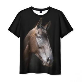 Мужская футболка 3D с принтом Лошадь в Тюмени, 100% полиэфир | прямой крой, круглый вырез горловины, длина до линии бедер | animal | beautiful | black | brown | horse | muzzle | portrait | животное | конь | коричневый | красивый | лошадь | портрет | скакун | черный