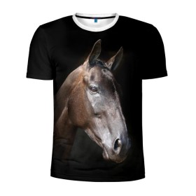 Мужская футболка 3D спортивная с принтом Лошадь в Тюмени, 100% полиэстер с улучшенными характеристиками | приталенный силуэт, круглая горловина, широкие плечи, сужается к линии бедра | animal | beautiful | black | brown | horse | muzzle | portrait | животное | конь | коричневый | красивый | лошадь | портрет | скакун | черный
