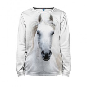 Детский лонгслив 3D с принтом Белая лошадь в Тюмени, 100% полиэстер | длинные рукава, круглый вырез горловины, полуприлегающий силуэт
 | animal | beautiful | gloss | horse | mane | mustang | muzzle | white | wild | белый | грива | дикий | животное | конь | красивый | лоск | лошадь | мустанг | скакун