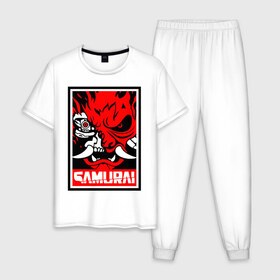 Мужская пижама хлопок с принтом Cyberpunk 2077 в Тюмени, 100% хлопок | брюки и футболка прямого кроя, без карманов, на брюках мягкая резинка на поясе и по низу штанин
 | cyberpunk | cyberpunk 2077 | samurai | игры | киану ривз | киберпанк | самурай