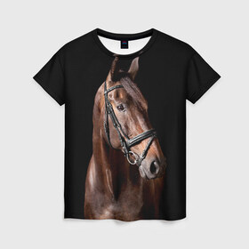 Женская футболка 3D с принтом Гнедая лошадь в Тюмени, 100% полиэфир ( синтетическое хлопкоподобное полотно) | прямой крой, круглый вырез горловины, длина до линии бедер | animal | beautiful | black | brown | eyes | gloss | harness | horse | look | muzzle | взгляд | глаза | гнедая | животное | конь | коричневый | красивый | лоск | лошадь | сбруя | скакун | черный