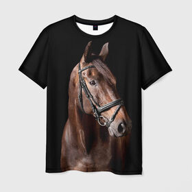 Мужская футболка 3D с принтом Гнедая лошадь в Тюмени, 100% полиэфир | прямой крой, круглый вырез горловины, длина до линии бедер | Тематика изображения на принте: animal | beautiful | black | brown | eyes | gloss | harness | horse | look | muzzle | взгляд | глаза | гнедая | животное | конь | коричневый | красивый | лоск | лошадь | сбруя | скакун | черный