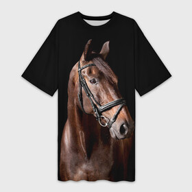 Платье-футболка 3D с принтом Гнедая лошадь в Тюмени,  |  | Тематика изображения на принте: animal | beautiful | black | brown | eyes | gloss | harness | horse | look | muzzle | взгляд | глаза | гнедая | животное | конь | коричневый | красивый | лоск | лошадь | сбруя | скакун | черный