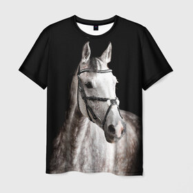 Мужская футболка 3D с принтом Серный в яблоках конь в Тюмени, 100% полиэфир | прямой крой, круглый вырез горловины, длина до линии бедер | animal | beautiful | black | eyes | gloss | harness | horse | look | muzzle | spotted | white | белый | в яблоках | взгляд | глаза | животное | конь | красивый | лоск | лошадь | пятнистый | сбруя | серый | скакун | черный