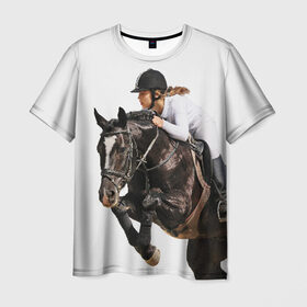 Мужская футболка 3D с принтом Наездница в Тюмени, 100% полиэфир | прямой крой, круглый вырез горловины, длина до линии бедер | animal | coffee | girl | harness | horse | rider | riding | sport | white | woman | белый | девушка | езда | женщина | животное | конь | кофейный | лошадь | наездница | сбруя | спорт