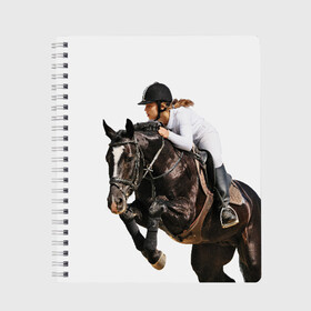 Тетрадь с принтом Наездница в Тюмени, 100% бумага | 48 листов, плотность листов — 60 г/м2, плотность картонной обложки — 250 г/м2. Листы скреплены сбоку удобной пружинной спиралью. Уголки страниц и обложки скругленные. Цвет линий — светло-серый
 | Тематика изображения на принте: animal | coffee | girl | harness | horse | rider | riding | sport | white | woman | белый | девушка | езда | женщина | животное | конь | кофейный | лошадь | наездница | сбруя | спорт