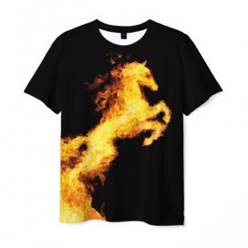 Мужская футболка 3D с принтом Огненный конь в Тюмени, 100% полиэфир | прямой крой, круглый вырез горловины, длина до линии бедер | animal | beautiful | black | fiery | fire | horse | mane | wild | грива | дикий | животное | конь | красивый | лошадь | огненный | огонь | скакун | черный