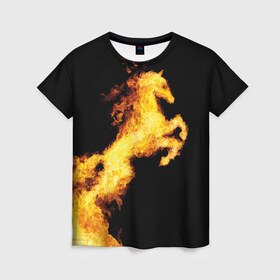 Женская футболка 3D с принтом Огненный конь в Тюмени, 100% полиэфир ( синтетическое хлопкоподобное полотно) | прямой крой, круглый вырез горловины, длина до линии бедер | animal | beautiful | black | fiery | fire | horse | mane | wild | грива | дикий | животное | конь | красивый | лошадь | огненный | огонь | скакун | черный