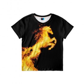 Детская футболка 3D с принтом Огненный конь в Тюмени, 100% гипоаллергенный полиэфир | прямой крой, круглый вырез горловины, длина до линии бедер, чуть спущенное плечо, ткань немного тянется | animal | beautiful | black | fiery | fire | horse | mane | wild | грива | дикий | животное | конь | красивый | лошадь | огненный | огонь | скакун | черный