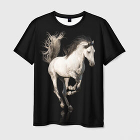 Мужская футболка 3D с принтом Серный в яблоках конь в Тюмени, 100% полиэфир | прямой крой, круглый вырез горловины, длина до линии бедер | animal | beautiful | black | gloss | horse | mane | mustang | muzzle | white | wild | белый | в яблоках | грива | дикий | животное | конь | красивый | лоск | лошадь | мустанг | серый | скакун | черный