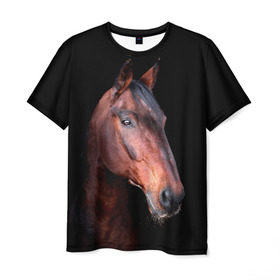 Мужская футболка 3D с принтом Гнедая лошадь в Тюмени, 100% полиэфир | прямой крой, круглый вырез горловины, длина до линии бедер | animal | beautiful | black | brown | chocolate | eyes | gloss | horse | look | muzzle | portrait | взгляд | глаза | животное | конь | коричневый | красивый | лоск | лошадь | портрет | скакун | черный | шоколадный
