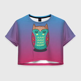 Женская футболка Cropp-top с принтом Мудрая сова в Тюмени, 100% полиэстер | круглая горловина, длина футболки до линии талии, рукава с отворотами | арт | милая | милый | мудрая | перья | птенец | птица | птичка | сова | совенок | совушка