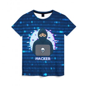 Женская футболка 3D с принтом Хакер в Тюмени, 100% полиэфир ( синтетическое хлопкоподобное полотно) | прямой крой, круглый вырез горловины, длина до линии бедер | hacker | hacknet | взлом | виртуальность | кибер | киберпанк | программист | хакер