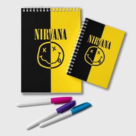 Блокнот с принтом NIRVANA в Тюмени, 100% бумага | 48 листов, плотность листов — 60 г/м2, плотность картонной обложки — 250 г/м2. Листы скреплены удобной пружинной спиралью. Цвет линий — светло-серый
 | music | nirvana | rip smile | rock | smile | группа | курт кобейн | музыка | нирвана | рок | смайл