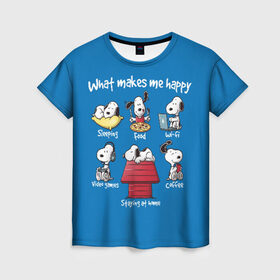 Женская футболка 3D с принтом Что делает меня счастливым в Тюмени, 100% полиэфир ( синтетическое хлопкоподобное полотно) | прямой крой, круглый вырез горловины, длина до линии бедер | happy | makes | me | peanuts | snoopy | what | арахис | вудсток | пес | сабака | снупи | собака | чарли браун | щенок