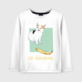 Детский лонгслив хлопок с принтом Banana Cat в Тюмени, 100% хлопок | круглый вырез горловины, полуприлегающий силуэт, длина до линии бедер | Тематика изображения на принте: cat | meme | picture | банан | картинки | кот | котики | коты | кошки | мем | прикольные