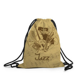 Рюкзак-мешок 3D с принтом Jazz в Тюмени, 100% полиэстер | плотность ткани — 200 г/м2, размер — 35 х 45 см; лямки — толстые шнурки, застежка на шнуровке, без карманов и подкладки | Тематика изображения на принте: brown | cello | drum | guitar | instrument | jazz | musical | retro | saxophone | sheet music | trumpet | vintage | yellow | барабан | винтаж | виолончель | гитара | джаз | желтый | инструмент | коричневый | музыка | музыкальный | ноты | ретро | сак