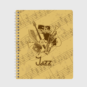 Тетрадь с принтом Jazz в Тюмени, 100% бумага | 48 листов, плотность листов — 60 г/м2, плотность картонной обложки — 250 г/м2. Листы скреплены сбоку удобной пружинной спиралью. Уголки страниц и обложки скругленные. Цвет линий — светло-серый
 | brown | cello | drum | guitar | instrument | jazz | musical | retro | saxophone | sheet music | trumpet | vintage | yellow | барабан | винтаж | виолончель | гитара | джаз | желтый | инструмент | коричневый | музыка | музыкальный | ноты | ретро | сак