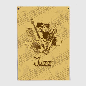 Постер с принтом Jazz в Тюмени, 100% бумага
 | бумага, плотность 150 мг. Матовая, но за счет высокого коэффициента гладкости имеет небольшой блеск и дает на свету блики, но в отличии от глянцевой бумаги не покрыта лаком | brown | cello | drum | guitar | instrument | jazz | musical | retro | saxophone | sheet music | trumpet | vintage | yellow | барабан | винтаж | виолончель | гитара | джаз | желтый | инструмент | коричневый | музыка | музыкальный | ноты | ретро | сак