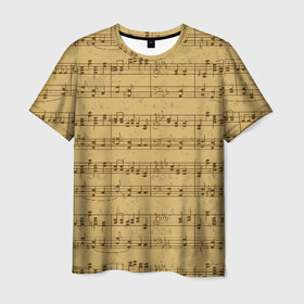 Мужская футболка 3D с принтом Ноты в Тюмени, 100% полиэфир | прямой крой, круглый вырез горловины, длина до линии бедер | brown | melody | music | music lover | musician | notes | retro | yellow | желтый | классический | коричневый | мелодия | меломан | музыка | музыкант | ноты | ретро