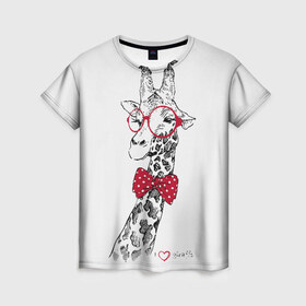 Женская футболка 3D с принтом Жираф в Тюмени, 100% полиэфир ( синтетическое хлопкоподобное полотно) | прямой крой, круглый вырез горловины, длина до линии бедер | Тематика изображения на принте: animal | bow tie | cool | giraffe | gray | red | white | белый | галстук  бабочка | животное | жираф | красный | очки | прикольный | серый