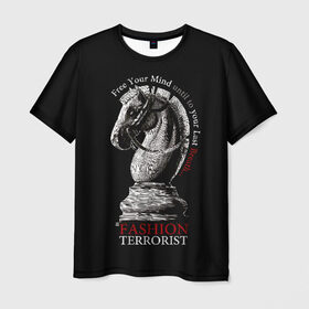 Мужская футболка 3D с принтом A Fashion Terrorist в Тюмени, 100% полиэфир | прямой крой, круглый вырез горловины, длина до линии бедер | Тематика изображения на принте: black | chess | cool | figure | horse | red | slogan | style | white | белый | конь | красный | лошадь | прикольный | слоган | стиль | фигура | черный | шахматы