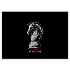 Поздравительная открытка с принтом A Fashion Terrorist в Тюмени, 100% бумага | плотность бумаги 280 г/м2, матовая, на обратной стороне линовка и место для марки
 | Тематика изображения на принте: black | chess | cool | figure | horse | red | slogan | style | white | белый | конь | красный | лошадь | прикольный | слоган | стиль | фигура | черный | шахматы