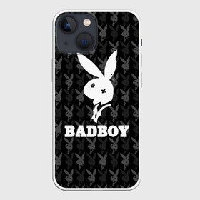 Чехол для iPhone 13 mini с принтом Bad boy в Тюмени,  |  | Тематика изображения на принте: bad boy | bite | bow tie | broken | cool | ear | fighter | logo | man | playboy | rabbit | sign | symbol | white | белый | битый | боец | галстук бабочка | знак | кролик | логотип | любовь | мальчик | мужчина | откушенное | прикольный | сим