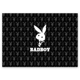 Поздравительная открытка с принтом Bad boy в Тюмени, 100% бумага | плотность бумаги 280 г/м2, матовая, на обратной стороне линовка и место для марки
 | bad boy | bite | bow tie | broken | cool | ear | fighter | logo | man | playboy | rabbit | sign | symbol | white | белый | битый | боец | галстук бабочка | знак | кролик | логотип | любовь | мальчик | мужчина | откушенное | прикольный | сим