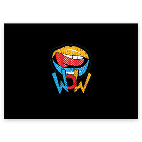 Поздравительная открытка с принтом Wow в Тюмени, 100% бумага | плотность бумаги 280 г/м2, матовая, на обратной стороне линовка и место для марки
 | Тематика изображения на принте: blue | dots | lips | pop art | red | teeth | tongue | white | yellow | белый | губы | желтый | зубы | красный | поп  арт | точки | язык