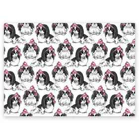 Поздравительная открытка с принтом Японские хины в Тюмени, 100% бумага | плотность бумаги 280 г/м2, матовая, на обратной стороне линовка и место для марки
 | Тематика изображения на принте: animal | bow | cute | dog | funny | gentle | gray | heart | muzzle | pink | white | бант | белый | животное | забавный | милый | нежный | розовый | сердце | серый | собака