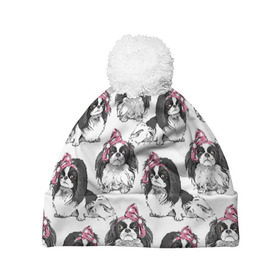Шапка 3D c помпоном с принтом Японские хины в Тюмени, 100% полиэстер | универсальный размер, печать по всей поверхности изделия | animal | bow | cute | dog | funny | gentle | gray | heart | muzzle | pink | white | бант | белый | животное | забавный | милый | нежный | розовый | сердце | серый | собака