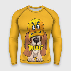 Мужской рашгард 3D с принтом Woof в Тюмени,  |  | Тематика изображения на принте: animal | cap | dog | funny | slogan | text | yellow | бассет хаунд | желтый | животное | забавный | кепка | прикольный | слоган | смешной | собака | текст