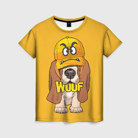 Женская футболка 3D с принтом Woof в Тюмени, 100% полиэфир ( синтетическое хлопкоподобное полотно) | прямой крой, круглый вырез горловины, длина до линии бедер | animal | cap | dog | funny | slogan | text | yellow | бассет хаунд | желтый | животное | забавный | кепка | прикольный | слоган | смешной | собака | текст