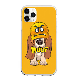 Чехол для iPhone 11 Pro матовый с принтом Woof в Тюмени, Силикон |  | Тематика изображения на принте: animal | cap | dog | funny | slogan | text | yellow | бассет хаунд | желтый | животное | забавный | кепка | прикольный | слоган | смешной | собака | текст