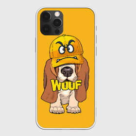 Чехол для iPhone 12 Pro с принтом Woof в Тюмени, силикон | область печати: задняя сторона чехла, без боковых панелей | animal | cap | dog | funny | slogan | text | yellow | бассет хаунд | желтый | животное | забавный | кепка | прикольный | слоган | смешной | собака | текст