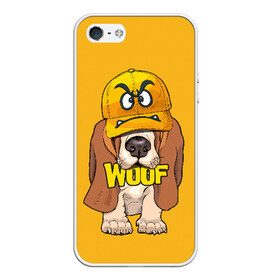 Чехол для iPhone 5/5S матовый с принтом Woof в Тюмени, Силикон | Область печати: задняя сторона чехла, без боковых панелей | animal | cap | dog | funny | slogan | text | yellow | бассет хаунд | желтый | животное | забавный | кепка | прикольный | слоган | смешной | собака | текст