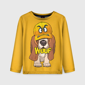 Детский лонгслив 3D с принтом Woof в Тюмени, 100% полиэстер | длинные рукава, круглый вырез горловины, полуприлегающий силуэт
 | animal | cap | dog | funny | slogan | text | yellow | бассет хаунд | желтый | животное | забавный | кепка | прикольный | слоган | смешной | собака | текст