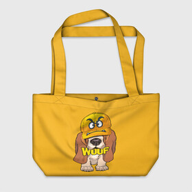 Пляжная сумка 3D с принтом Woof в Тюмени, 100% полиэстер | застегивается на металлическую кнопку; внутренний карман застегивается на молнию. Стенки укреплены специальным мягким материалом, чтобы защитить содержимое от несильных ударов
 | animal | cap | dog | funny | slogan | text | yellow | бассет хаунд | желтый | животное | забавный | кепка | прикольный | слоган | смешной | собака | текст