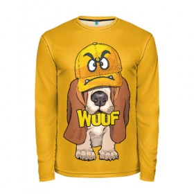 Мужской лонгслив 3D с принтом Woof в Тюмени, 100% полиэстер | длинные рукава, круглый вырез горловины, полуприлегающий силуэт | animal | cap | dog | funny | slogan | text | yellow | бассет хаунд | желтый | животное | забавный | кепка | прикольный | слоган | смешной | собака | текст