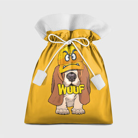 Подарочный 3D мешок с принтом Woof в Тюмени, 100% полиэстер | Размер: 29*39 см | Тематика изображения на принте: animal | cap | dog | funny | slogan | text | yellow | бассет хаунд | желтый | животное | забавный | кепка | прикольный | слоган | смешной | собака | текст