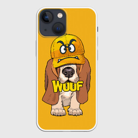 Чехол для iPhone 13 mini с принтом Woof в Тюмени,  |  | Тематика изображения на принте: animal | cap | dog | funny | slogan | text | yellow | бассет хаунд | желтый | животное | забавный | кепка | прикольный | слоган | смешной | собака | текст
