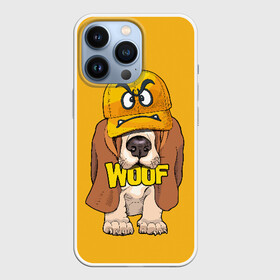Чехол для iPhone 13 Pro с принтом Woof в Тюмени,  |  | Тематика изображения на принте: animal | cap | dog | funny | slogan | text | yellow | бассет хаунд | желтый | животное | забавный | кепка | прикольный | слоган | смешной | собака | текст