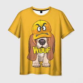 Мужская футболка 3D с принтом Woof в Тюмени, 100% полиэфир | прямой крой, круглый вырез горловины, длина до линии бедер | Тематика изображения на принте: animal | cap | dog | funny | slogan | text | yellow | бассет хаунд | желтый | животное | забавный | кепка | прикольный | слоган | смешной | собака | текст