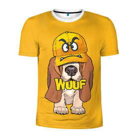 Мужская футболка 3D спортивная с принтом Woof в Тюмени, 100% полиэстер с улучшенными характеристиками | приталенный силуэт, круглая горловина, широкие плечи, сужается к линии бедра | Тематика изображения на принте: animal | cap | dog | funny | slogan | text | yellow | бассет хаунд | желтый | животное | забавный | кепка | прикольный | слоган | смешной | собака | текст