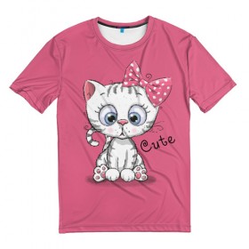 Мужская футболка 3D с принтом Cute в Тюмени, 100% полиэфир | прямой крой, круглый вырез горловины, длина до линии бедер | animal | bow | child | cute | drawing | funny | kitten | look | бант | взгляд | детский | животное | котенок | милый | прикольный | рисунок