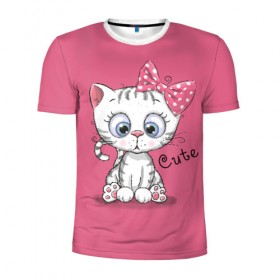 Мужская футболка 3D спортивная с принтом Cute в Тюмени, 100% полиэстер с улучшенными характеристиками | приталенный силуэт, круглая горловина, широкие плечи, сужается к линии бедра | animal | bow | child | cute | drawing | funny | kitten | look | бант | взгляд | детский | животное | котенок | милый | прикольный | рисунок