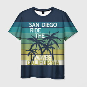Мужская футболка 3D с принтом California в Тюмени, 100% полиэфир | прямой крой, круглый вырез горловины, длина до линии бедер | california | cool | palm trees | san diego | stripes | travel | калифорния | пальмы | полосы | прикольный | путешествие | сан диего